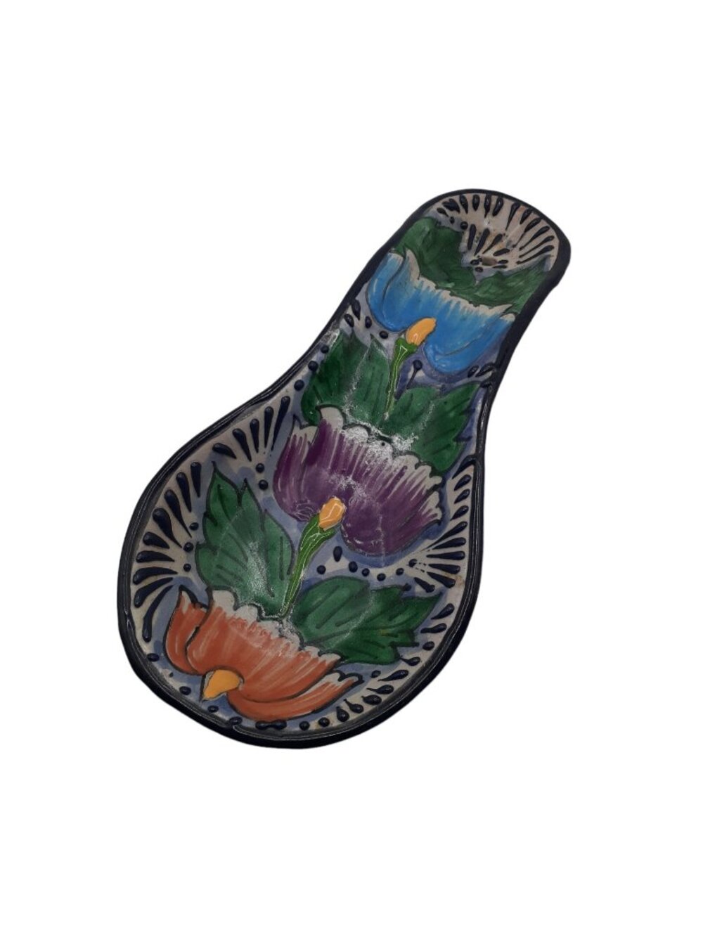 Mexican Pottery Ceramic Spoon Rest Hand Painted in Mexico Talavera 9”